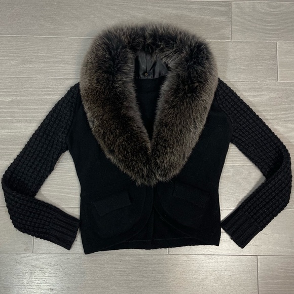 Magaschoni Genuine Fox Fur Collar Wool Alpaca Cashmere Blazer Cardigan Jacket XS - Picture 14 of 16
